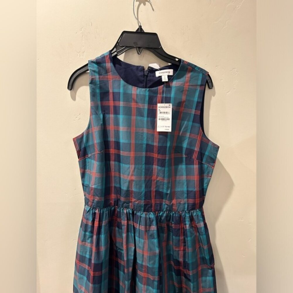 Nordstrom PLAID FIT & FLARE DRESS IN TEAL CYRUS SZ M ✨✨ - Picture 5 of 6